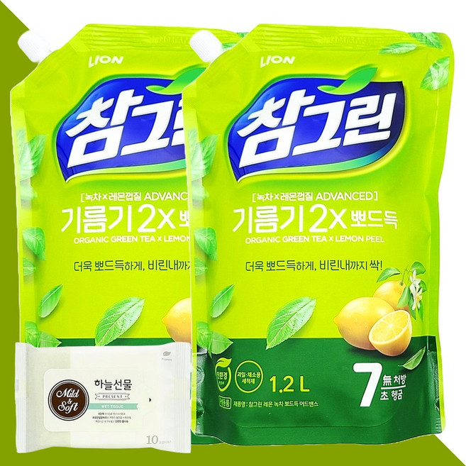 참그린 레몬 녹차 뽀드득 어드밴스 리필용 1.2L 2개(+하늘선물 물티슈 10매), 01 참그린레몬녹차뽀드득 리필 1.2L 2개