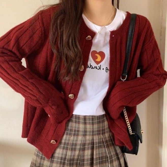 아이엠몽 여성 단추 포인트 케이블 니트 가디건