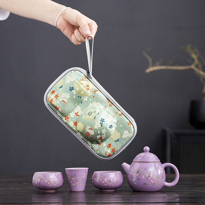 新品中式汝窯紫汝便攜茶具家用伴手禮功夫茶具開片可養可印logo, 1個, 水蘭色包裝紫汝龍蛋壺一壺三杯:186
