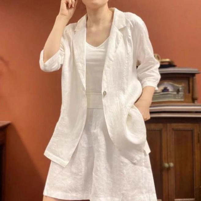 여성 여름 더블버튼 7부 자켓 와이드 반바지 루즈핏 정장세트 오피스룩