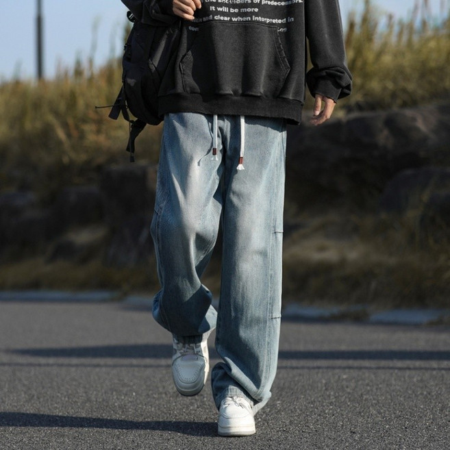美式復古水洗做舊牛仔褲 男士寬鬆直筒休閒長褲 闊腿復古潮流