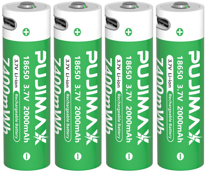 2위 - PUJIMAX 18650 3.7V 2000mAh Type-C 충전식 리튬이온 배터리, 1개, 4개입