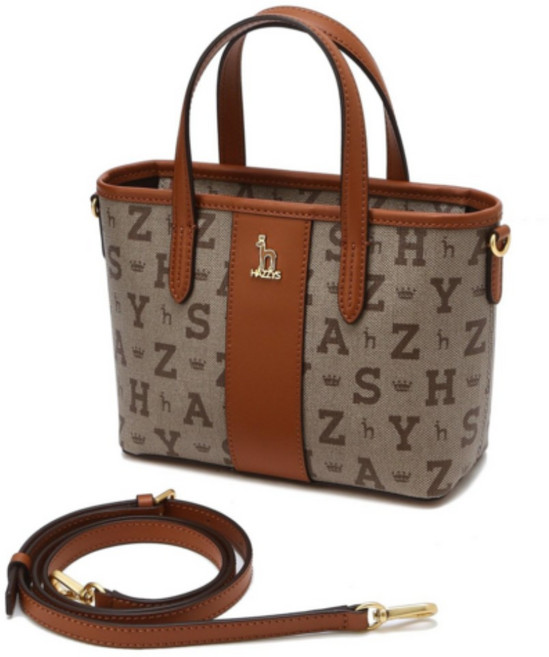 헤지스 여성 브라운 천연 소가죽 로고 패턴 미니 크로스백 겸 토트백 WIWA1F053W2