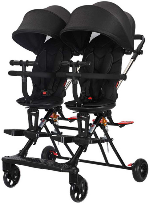 쌍둥이 유모차 폴딩 트라이크 휴대용 접이식 더블시트, 그린+발판+좌석 회전형+햇빛가리개+식판