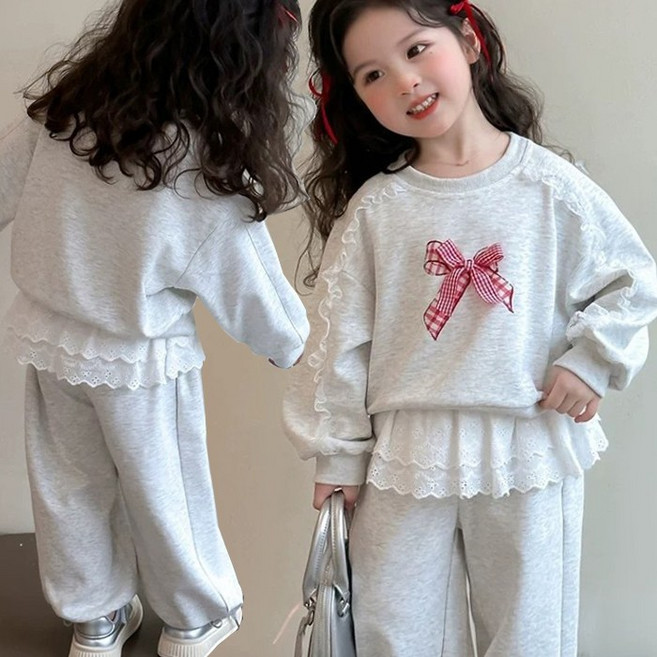 [앙디] F상하복 릴리안리본 (FE131) / (레이스맨투맨+아일렛프릴바지)_(주니어 초등학생 중학생 초딩중딩 아동복 의류 여아용 봄 가을 상하세트 편안한츄리닝바지 )