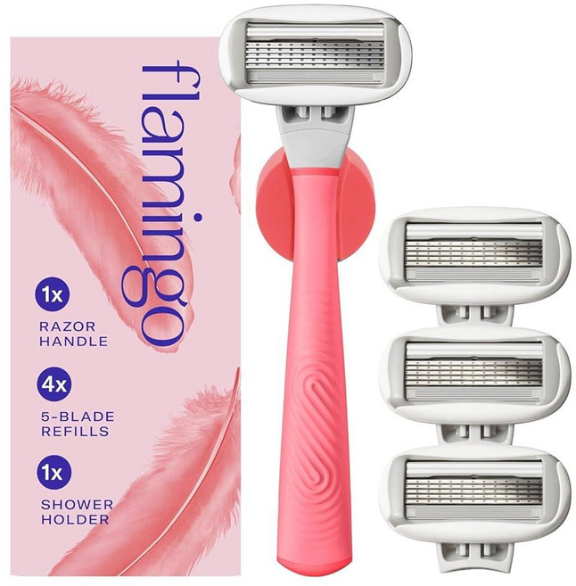 여성용 플라밍고 면도 면도기 세트 - 손잡이 칼날 리필 4개 샤워 홀더 라일락, Pink