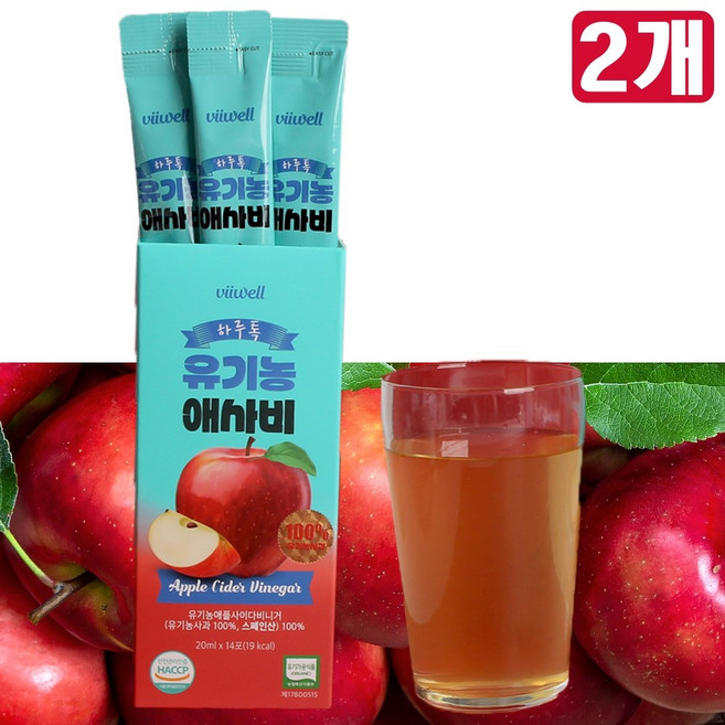 자연발효 유기농 애사비 100% 식약청 인정 haccp 프리미엄 애플 사이다 비니거 사과 초모 식초 스틱, 2개, 280ml