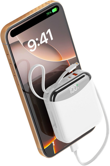 PIUJJA 일체형 QC3.0 PD 22.5W 대용량 고속충전 케이블 휴대용 미니 C타입 고속충전 보조배터리 10200mAh, 화이트