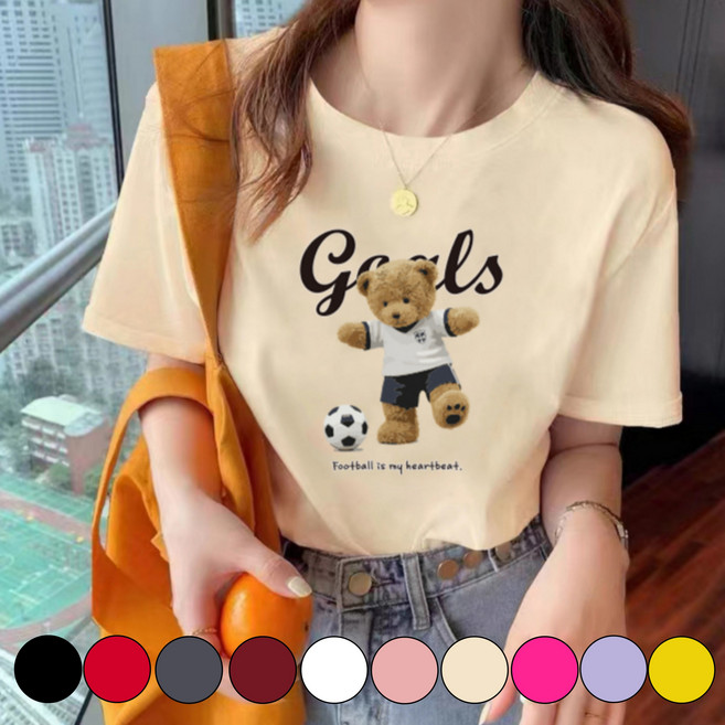 그리내 남여공용 라운드넥 여름 축구 곰돌이 프린팅 시원한 반팔티 커플티 가족티 단체티 동호회 캐릭터 이너 홈웨어 프린팅 티셔츠