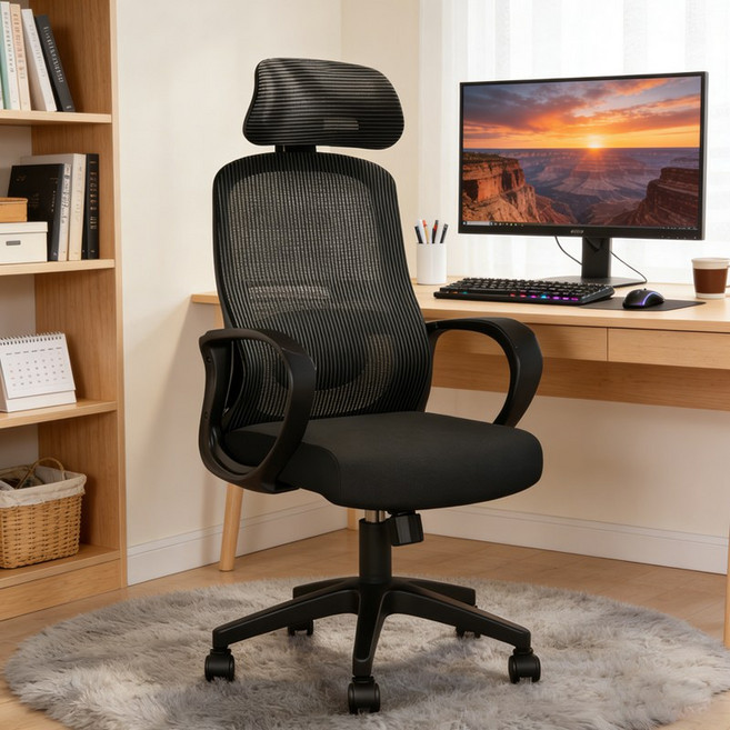 인체공학 메쉬 컴퓨터 의자 헤드레스트 높이 각도조절 360도 회전 바퀴 사무용 학생 책상의자 추천, 블랙