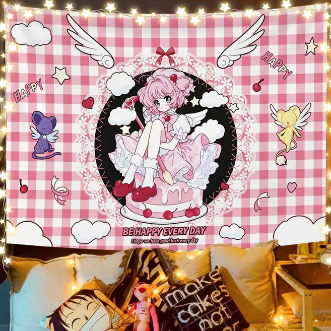 Q版魔卡少女櫻動漫掛布學生房間寢室床頭裝飾背景墻布, 1個, M魔卡少女櫻8寬1米高0.7米+6米燈+安裝包