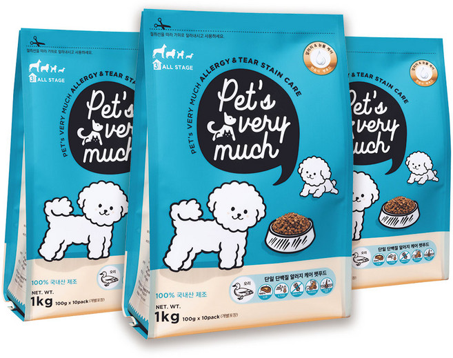 페츠베리머치 강아지사료 눈물사료 눈물자국 알러지 사료, 오리, 1kg, 3개