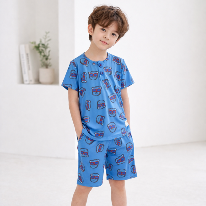 온웨어 남아용 프리미엄 쿨스판 소프트터치 하와이안베어 반팔 상하의 세트