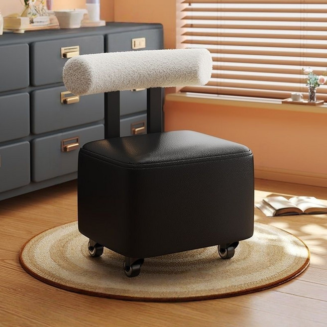 WHH 이동식 스툴 가죽 등받이 현관 바퀴 의자, 1개, 블랙