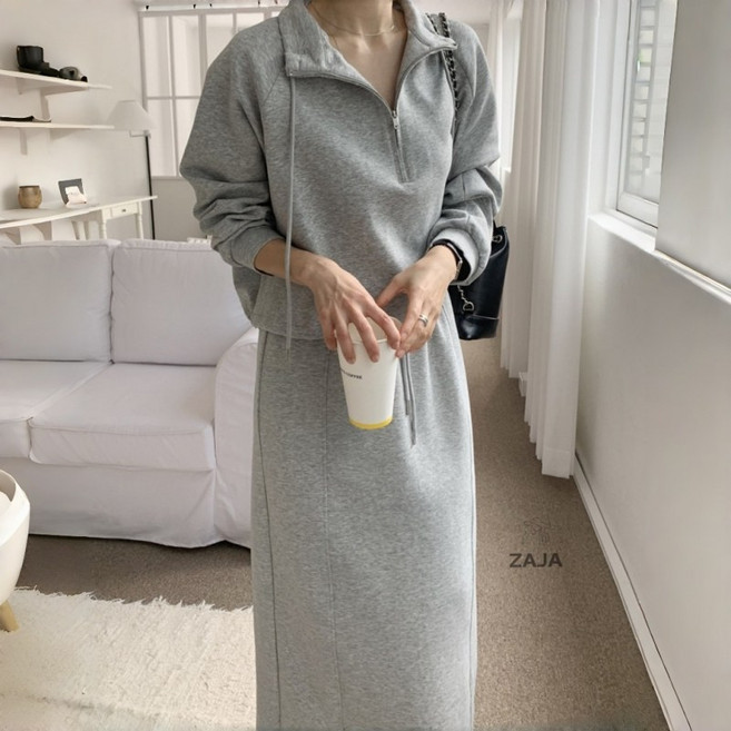 ZAJA 봄가을 여성 루즈핏 맨투맨 스커트 세트 데일리룩 스트링 치마 투피스