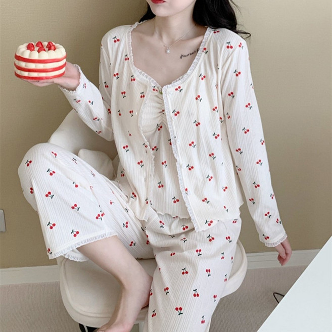 웨일쓰 여성용 쓰리피스 파자마 긴팔 잠옷 홈웨어 상하의 세트