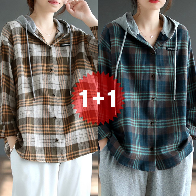 지디오 여성 후드 체크 셔츠 2개 세트 남방 루즈핏 긴팔 버튼 후드티 봄 간절기 자켓