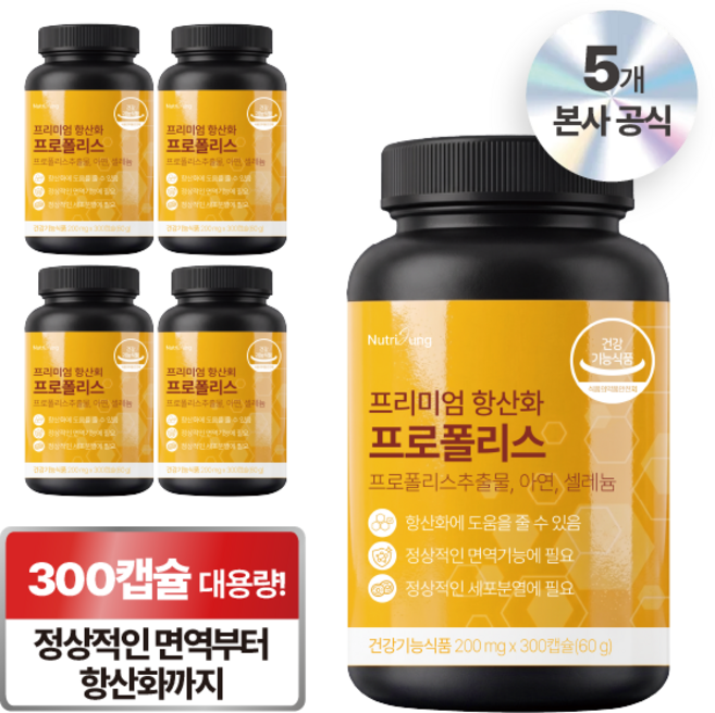 뉴트리정 프리미엄 항산화 프로폴리스 대용량, 5개, 300정