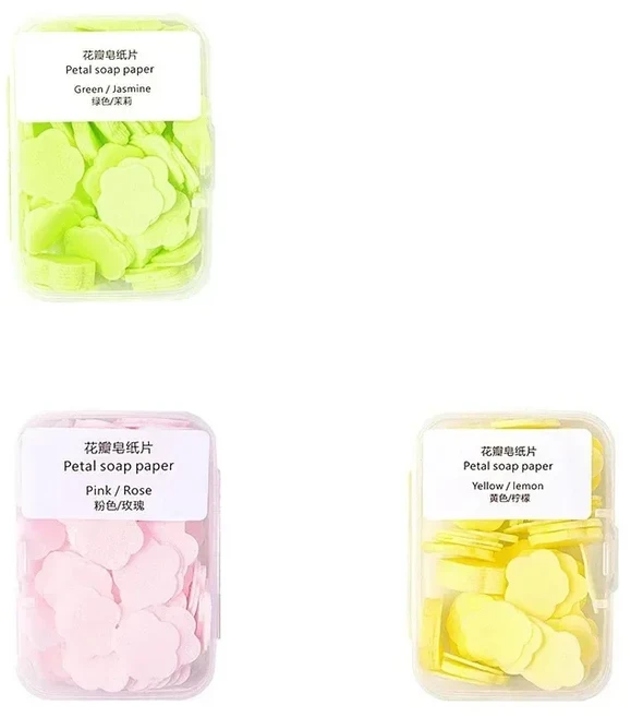 휴대용 일회용 비누 종이 목욕 손 세척 미니 꽃 여행 향기 상자당 100 개, 03 Yellow-green-Pink
