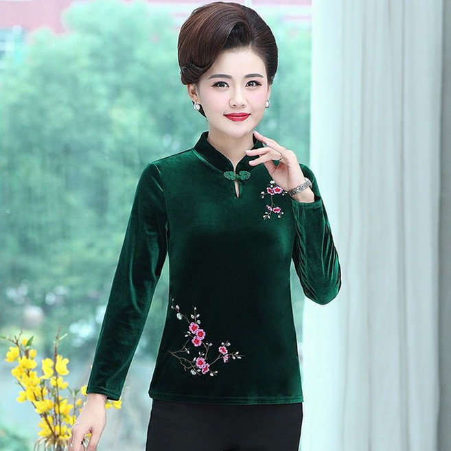 TKX 여성 중년 가을 겨울 벨벳 긴팔 티셔츠 플라워 패턴 레트로 디자인 중년여성옷