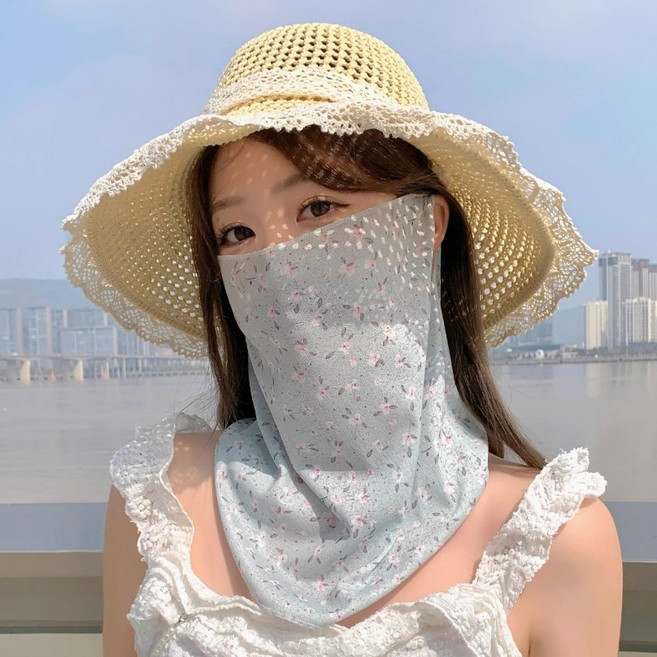 여름 자외선 차단 마스크 잔꽃 얼굴 전체 자외선 차단 얇은 면사포 넥밴드 마스크녀