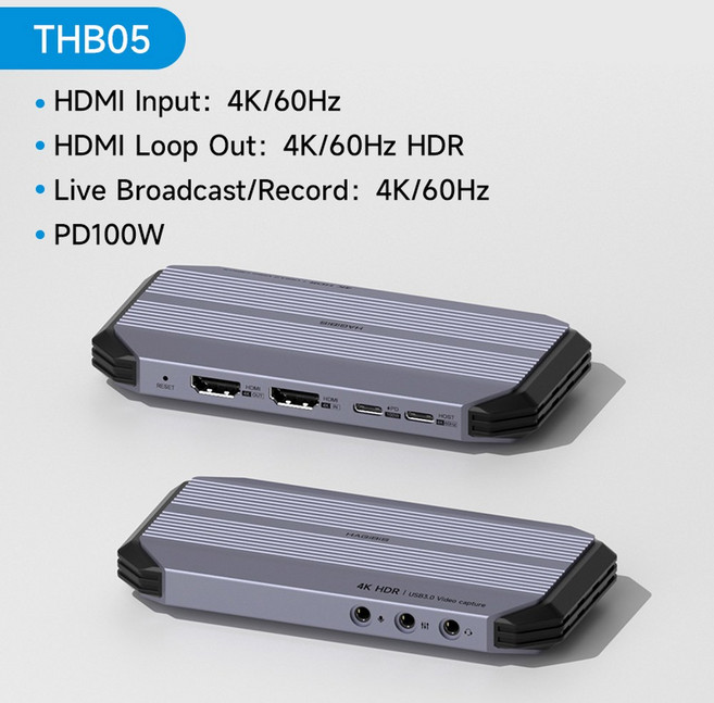 Hagibis 4K60Hz 비디오 캡처 카드 스트리밍 및 게임 PS54 Xbox 스위치 카메라 PC용 4K 60FPS HDR VRR RGB 패스스루 PD 100W, THB05-4K60Hz, 1개