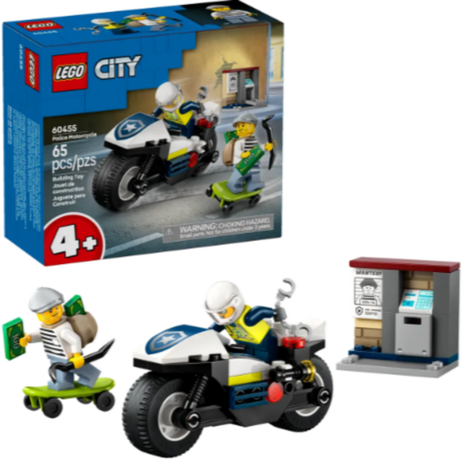 레고 시티 어린이 조립 블록 경찰 바이크 추격 놀이 장난감 세트, 레고 60455 경찰 바이크 추격 시티 선물 블럭 조립, 1개