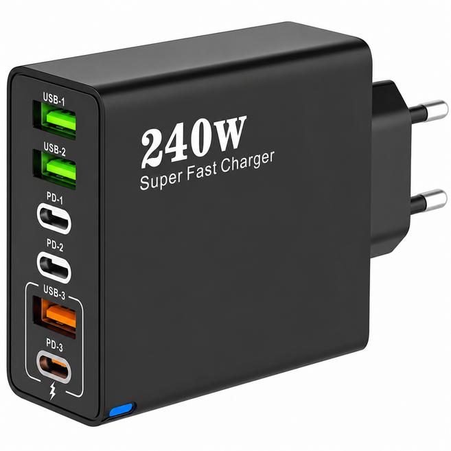 240W 접지 초고속 충전기 6포트 3USB+3PD 적용애플 아이폰 아이패드 삼성 갤럭시 픽셀 고속 전원 어댑터, 1개, 블랙