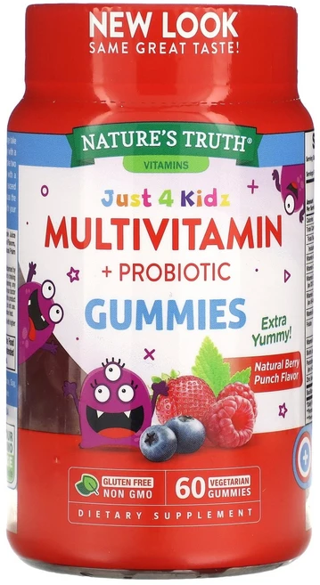 Nature's Truth Just 4 Kidz 종합비타민 + 프로바이오틱 천연 베리 펀치 맛 식물성 구미젤리 60개 Truth (네이처스 트루스), Nature's Truth, Just 4 Kidz, 종, 1개, 60정 - 쿠팡