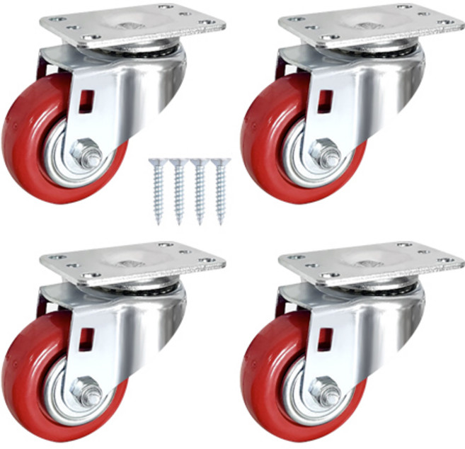적색 PVC 캐스터 고중량 바퀴 3인치 회전형, 4개