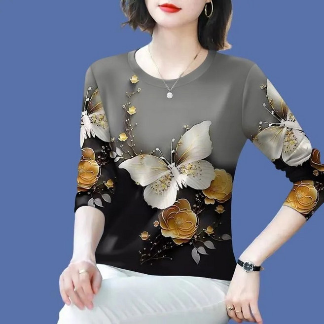 VVRR 여성 긴팔 나비와 꽃무늬 패턴 라운드넥 편안한 캐주얼 티셔츠 S0091507