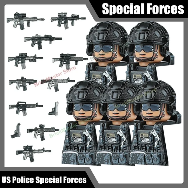 MOC 군사 특공대 빌딩 블록 러시아 영국 도시 SWAT 경찰 피규어 VDV 배낭 브릭 장난감 선물, 01 US Police