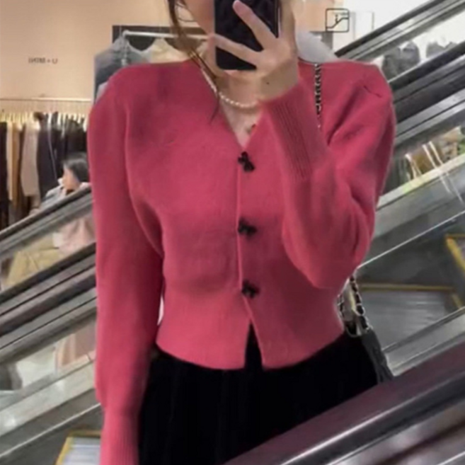 [엔젤디] 여성용 브이넥 퍼프소매 가디건