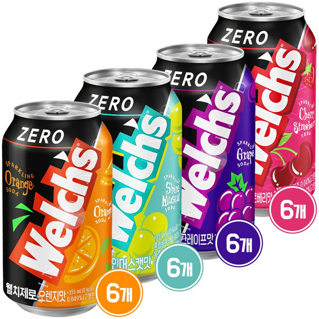웰치스 제로 포도 6입 +오렌지 6입+ 샤인머스캣 6입+ 체리스트로베리 355 6입 4종 24캔 세트, 355ml, 1세트