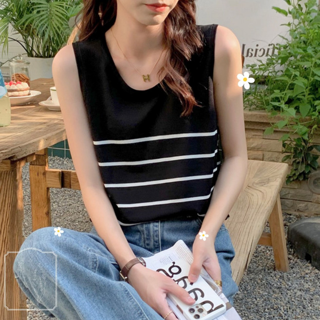 라벤더헤이즈 스트라이프니트 단가라니트 민소매 여름 오버핏 나시 이너 냉감 니트티