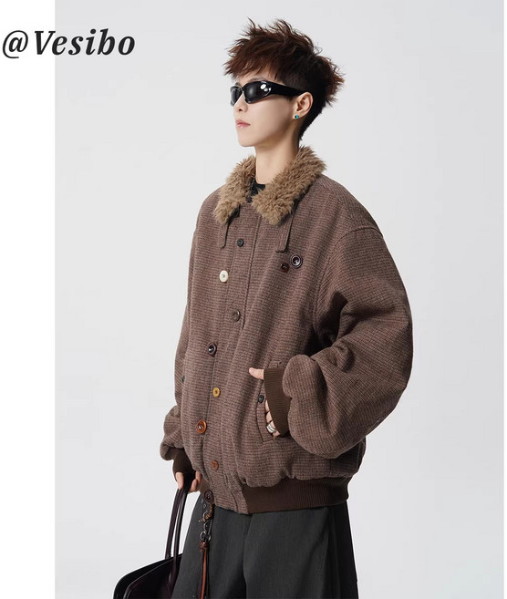 Vesibo 立領毛領格紋棉衣夾克 寬鬆復古多色紐扣保暖短款外套上衣