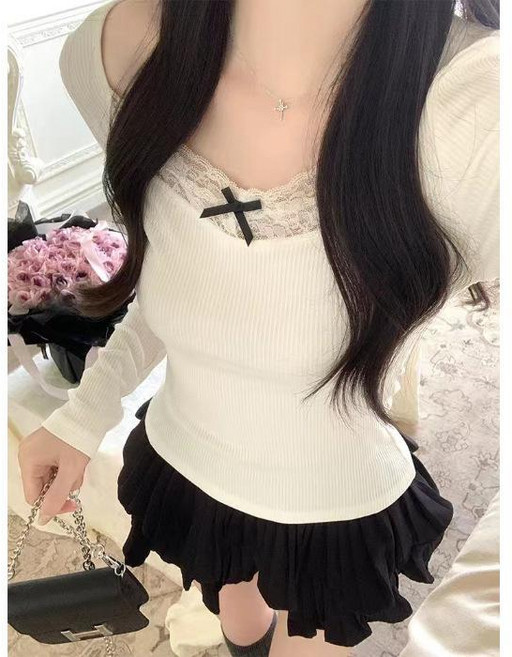 蕾絲花邊純欲風長袖上衣 修身顯瘦