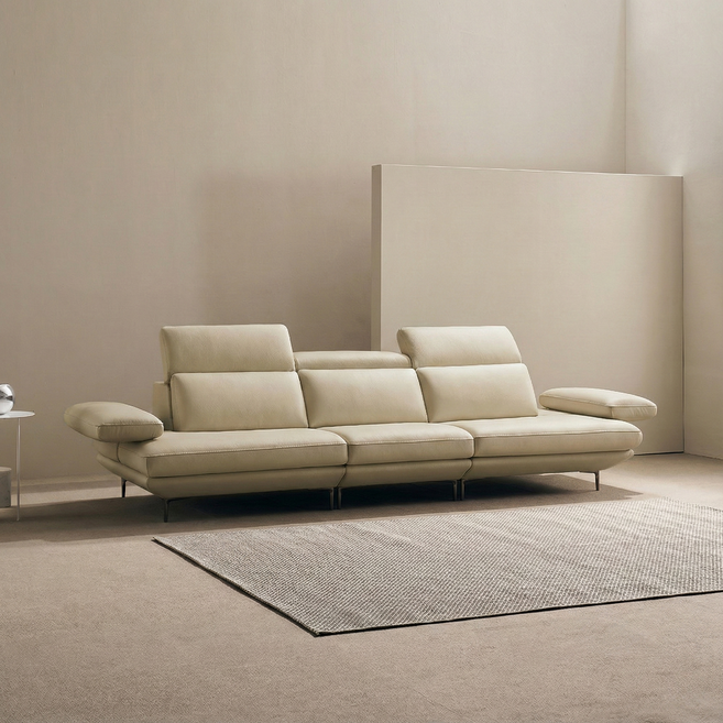 쉐우드가구 모담 이태리 천연통가죽 소가죽 기능성 팔걸이 스윙 소파 4인용, 프렌치 베이지