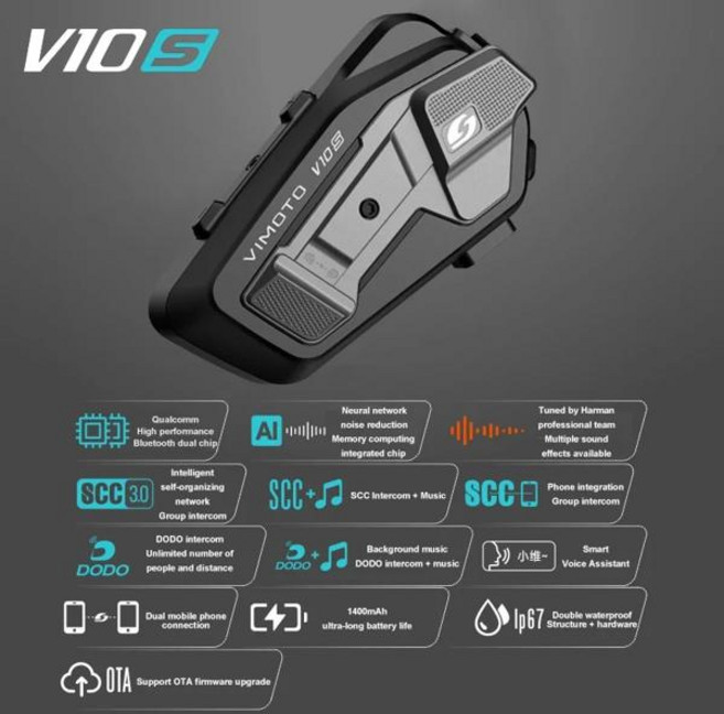 Vimoto 새로운 XR/V10S/V10X 오토바이 헬멧 블루투스 헤드셋 IPX67 방수 소음 다중 사람 통화 인터폰, 03 vimoto-V10S
