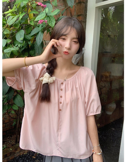 부엉구구 OW0282A 여성 여름 캐주얼 루즈핏 빅사이즈 유넥 셔링 반팔 블라우스