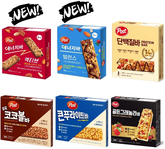 포스트 에너지바 액티브 135g+에너지바 밸런스 150g+콘푸라이트바 140g+오곡코코볼바 132g+골든그래놀라바 108g+단백질바 150g 시리얼바 6종 - 쿠팡