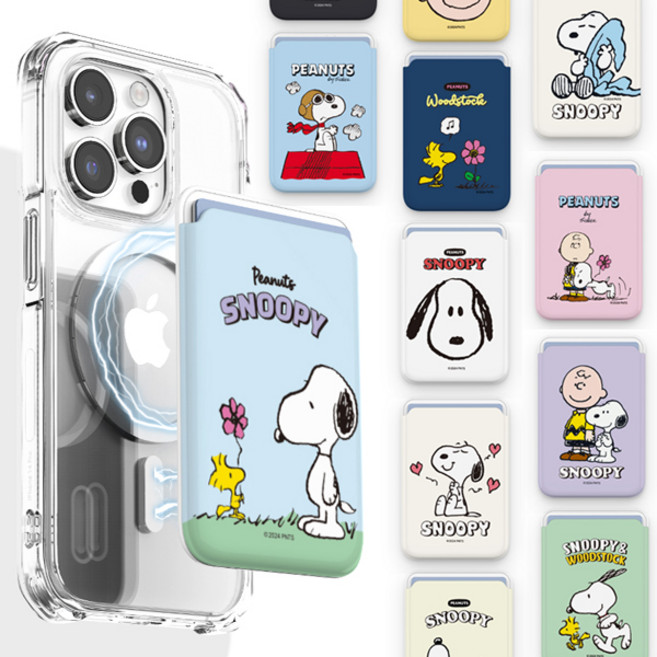 TR 정품 피너츠 스누피 맥세이프 N52 네오디뮴 강한자력자석 슬라이드 카드지갑포켓 카드 2장 수납 핸드폰 스마트폰 카드지갑 커버, 1개, 피크닉_피크닉 위드 우드스탁