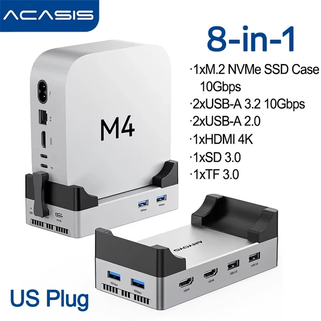 아카시스 맥 미니 스토리지 확장 도크 10Gbps M.2 NVMe SSD 인클로저 4K 60HZ TF/SD 8 in 1 USB C 도크 맥