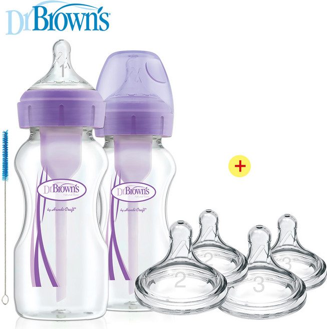 닥터브라운 와이드넥 옵션스 플러스 젖병(1단계 2단계 3단계 젖꼭지 드림), 2개, 270ml, 퍼플