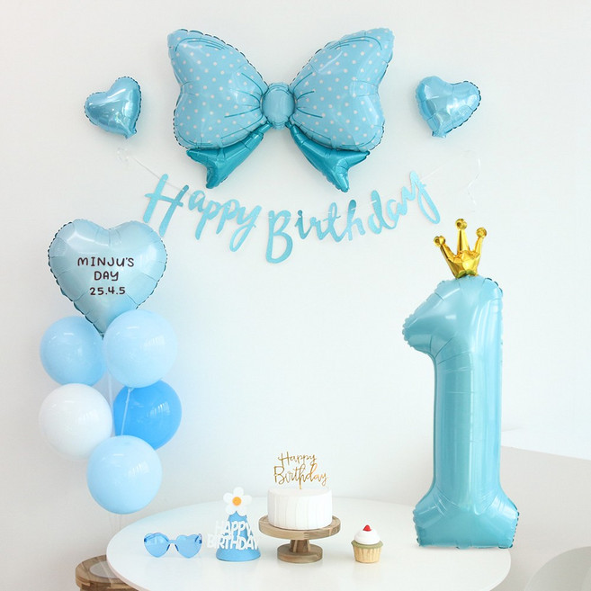 이벤트홀릭 생일가랜드 생일 파티 용품 세트 숫자 리본 하트 풍선 (자유레터링), 숫자풍선 1, 1개, 블루