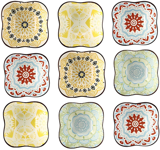 Jin Zhong Tai 세라믹 접시 세트 JD001, 9개, 레드플라워+옐로우플라워+골든플라워+그린플라워