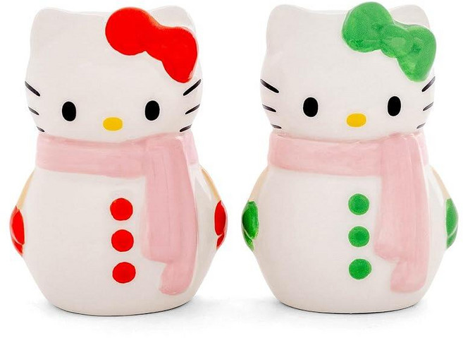 Silver Buffalo Sanrio 헬로 키티와 친구들 마이 멜로디 앤 쿠로미 3D 조각 세라믹 소금 및 후추 쉐이커 세트, 헬로 키티 홀리데이 키티 눈사람, 1개
