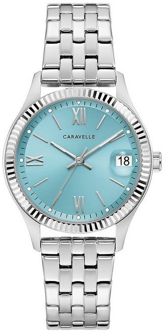 Caravelle by Bulova 여성용 드레스 클래식 쿼츠 스테인리스 스틸 시계 라이트 블루 다이얼 스타일: 43M124 실버 드레스 쿼츠 실버톤 스테인리스 스틸 팔찌