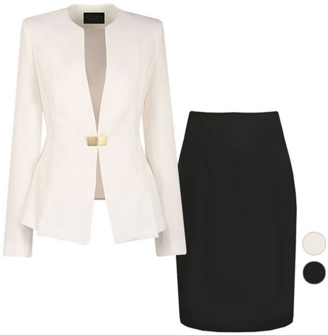 비비드시크릿가너 SET 여성 노카라 사각단추 정장자켓+정장스커트 세트