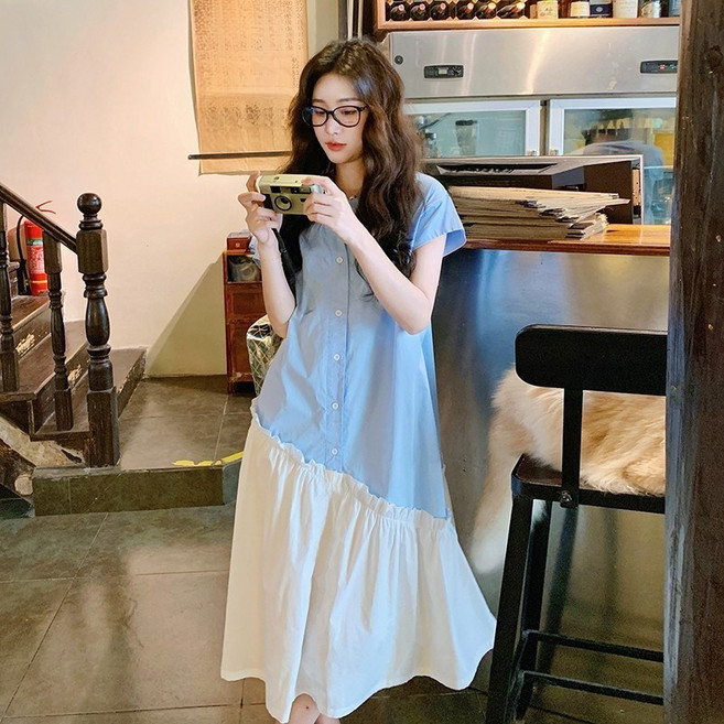 미중 여성 여름 뉴 예쁜 청신한 다양한 배색 라운드넥 단추 박시 원피스 yf